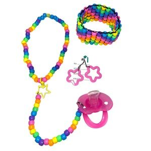 handmade Rainbow Lariat bead kandi kid stretch Necklace binky cord Star Clasp
